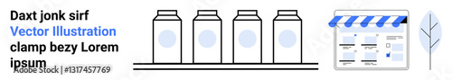 Four jars displayed on a platform, next to a web interface with a striped awning and a feather element. Ideal for e-commerce, online shopping, product listings, digital marketing, branding concepts
