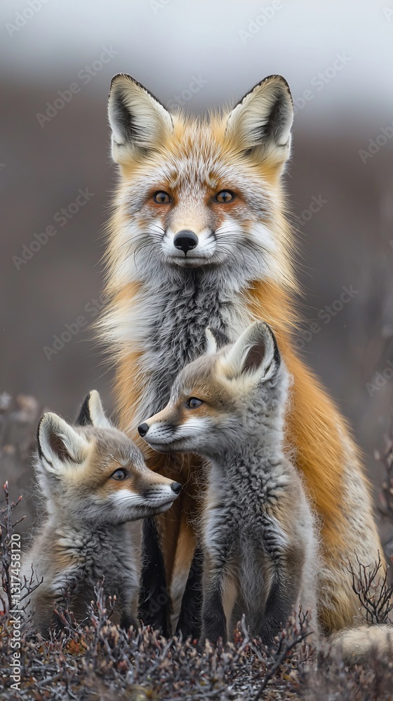 Fototapeta premium Red fox vixen with two kits. (2)