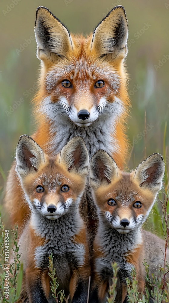 Fototapeta premium Red fox vixen with two kits. (1)