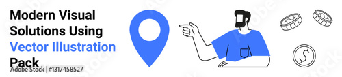 Man pointing at blue location pin, black-and-white coins, reflecting navigation, business, finance. Ideal for geolocation, investment tools, financial planning, marketing strategies business