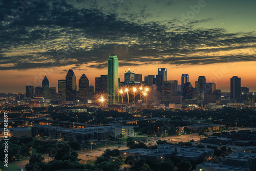 A vibrant city skyline bursts into life as fireworks illuminate the night sky, creating a spectacular display over the urban landscape. photo