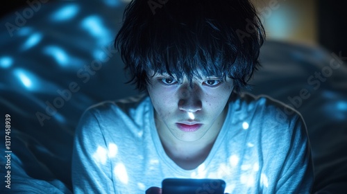Cyber bully day: A teenager sitting alone in a dimly lit room, face illuminated by a phone screen, with hurtful words floating around