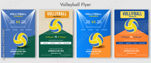 Volleyball charity tournament flyer layout. Volleyball camp posters, flyer with volleyball ball template vector design Volleyball championship flyer layout, double sided poster design for Volleyball 