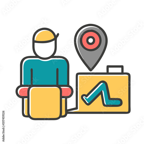 Digital nomad icon working remotely with suitcase, travel concept