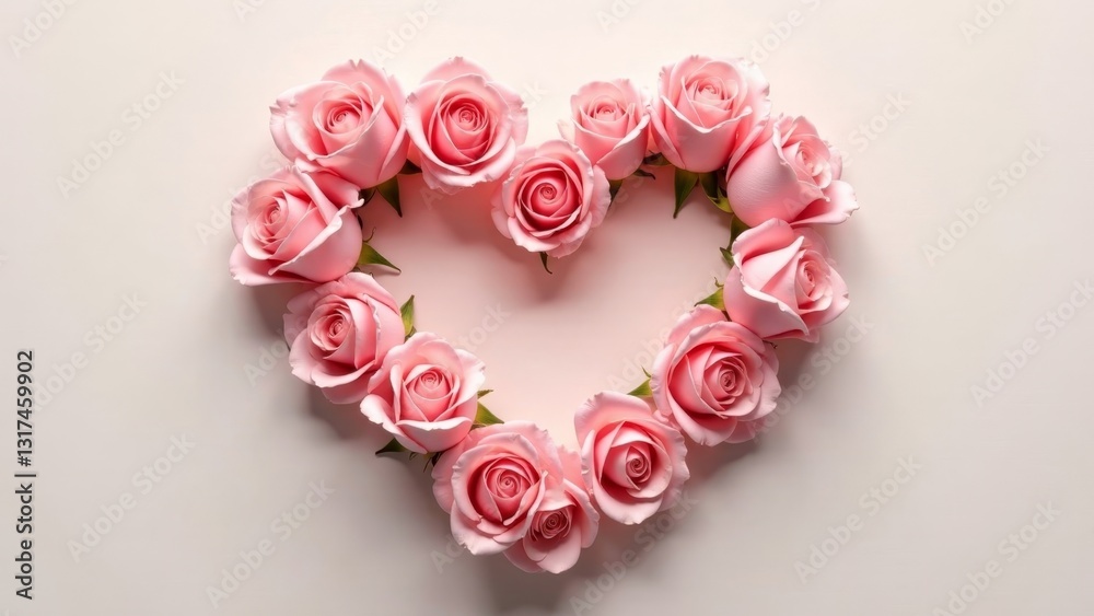 A delicate arrangement of pink roses forming a heart shape on a soft background, symbolizing love, romance, and affection. A delicate arrangement of pink roses forming a heart shape on a soft background, symbolizing love, romance, and affection.