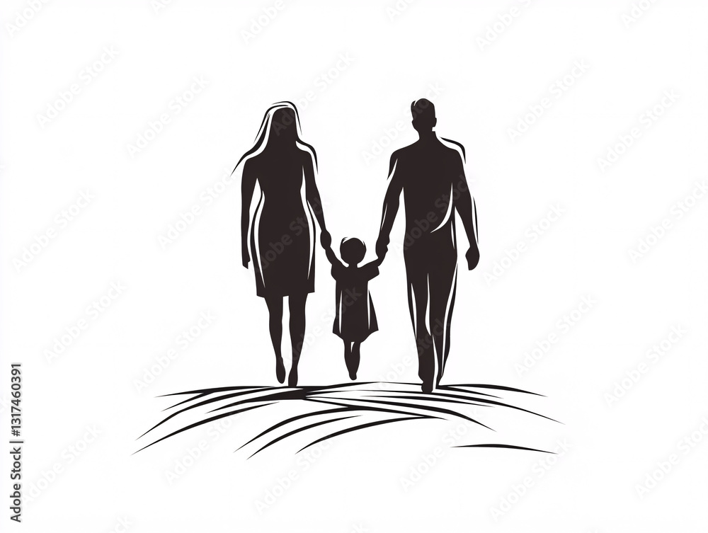 minimalist black and white sketch of a family walking together, silhouette of parents with a child, simple line drawing, artistic hand-drawn concept, abstract monochrome illustration