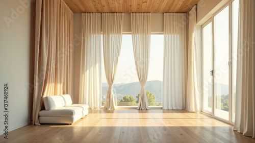 Serene Minimalist Living Room with Sunlight Streaming Through Sheer Curtains and Wooden Floor