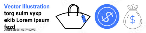Shopping bag with price tag, blue currency coin, and outlined money sack for commerce, savings, trade, online shopping, investment, e-commerce spending. Ideal for flat landing page banner