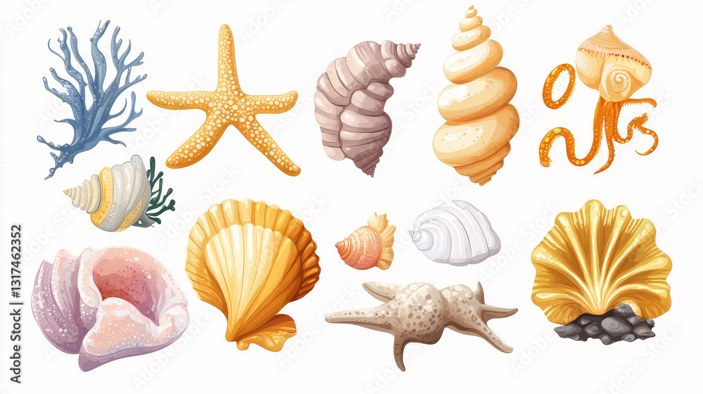 Obraz premium Sea marine animals and shells souvenirs cartoon vector illustration spiral tropical mollusk mussel decoration