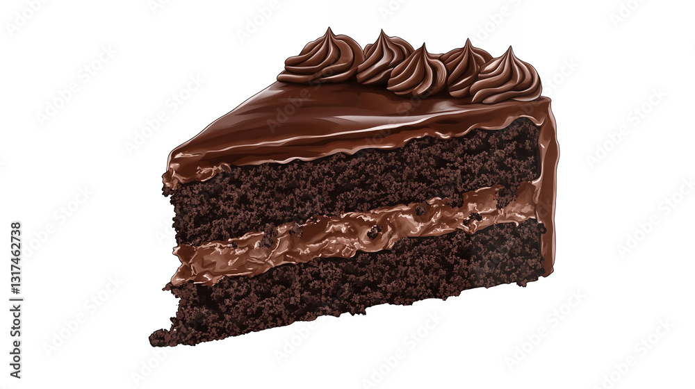 Slice of chocolate cake with rich moist layers and creamy frosting isolated on a transparent background Slice of chocolate cake with rich moist layers and creamy frosting isolated on a transparent background