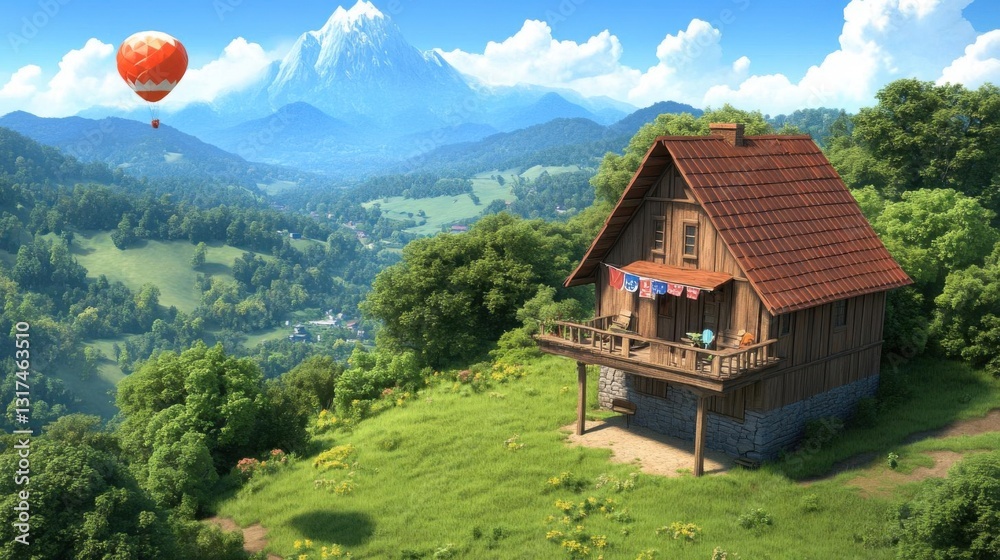 Fototapeta premium Mountain Cabin Hot Air Balloon View
