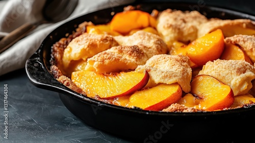 Close-up of a freshly baked peach cobbler in a black cast iron skillet. the dish is golden brown and has a crumbly, golden-brown crust on top.