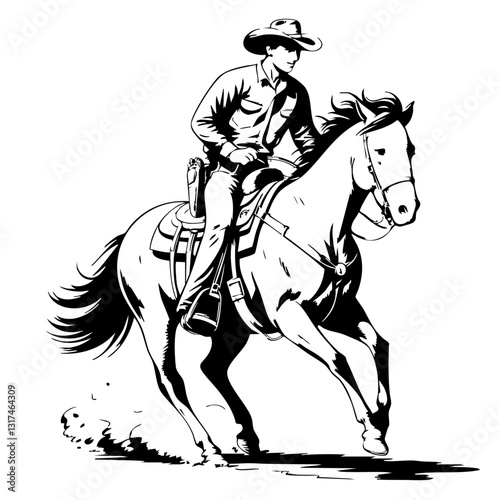 Wallpaper Mural Dynamic Black-and-White Illustration of a Galloping Cowboy – Vintage Western Ink Art Capturing Motion and Strength Torontodigital.ca