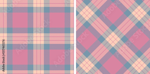 Cool Light Peach Seamless Tartan with Deep Dull Pink accents Fabric Design