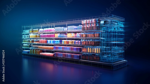 3D Render of a Futuristic Virtual Store Display With Glowing Shelves and Colorful Products on a Dark Blue Background With Neon Lighting