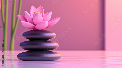 Pink lotus flower atop stacked zen stones, serene spa background, wellness concept