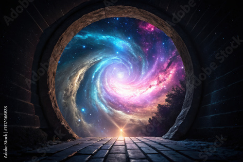 cosmic portal opening to vibrant galaxy, revealing new dimension