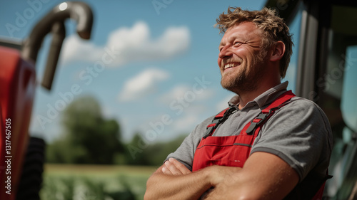 Portrait of a happy farmer standing in front of a tractor on a farm, arms crossed and smiling at the camera on a sunny day. Ai generated