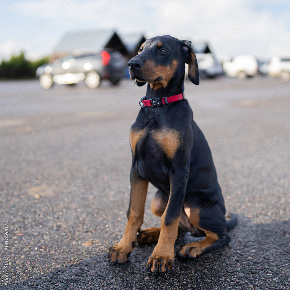 Doberman puppy with natural ears, natural tail photographed outdoors in the nature on a sunny day. Black and tan dobermann puppy sitting on harbour pier. Doberman puppy with natural ears, natural tail photographed outdoors in the nature on a sunny day. Black and tan dobermann puppy sitting on harbour pier.