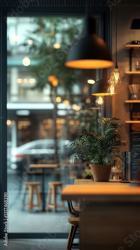 Cozy cafe interior with warm lighting and greenery on display during afternoon hours