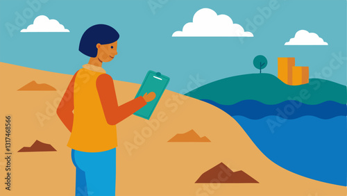 Impact Assessment An analyst reviews a report on a clipboard while standing at the shoreline observing erosion and habitat changes with environmental changes depicted in the