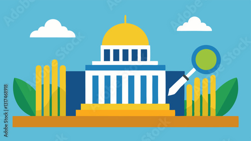 Regulatory Oversight A government building with a magnifying glass examining a cornfield portraying the role of regulation in overseeing GMO safety.