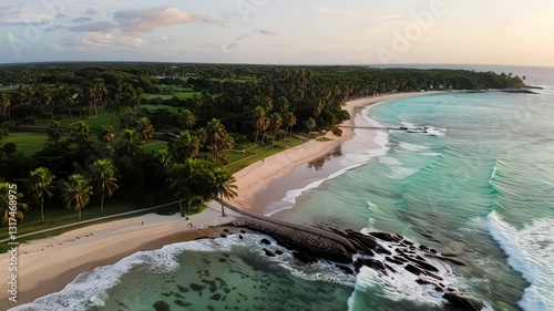 Turquoise ocean waves splashing on sandy beach with bird flying across the sky.