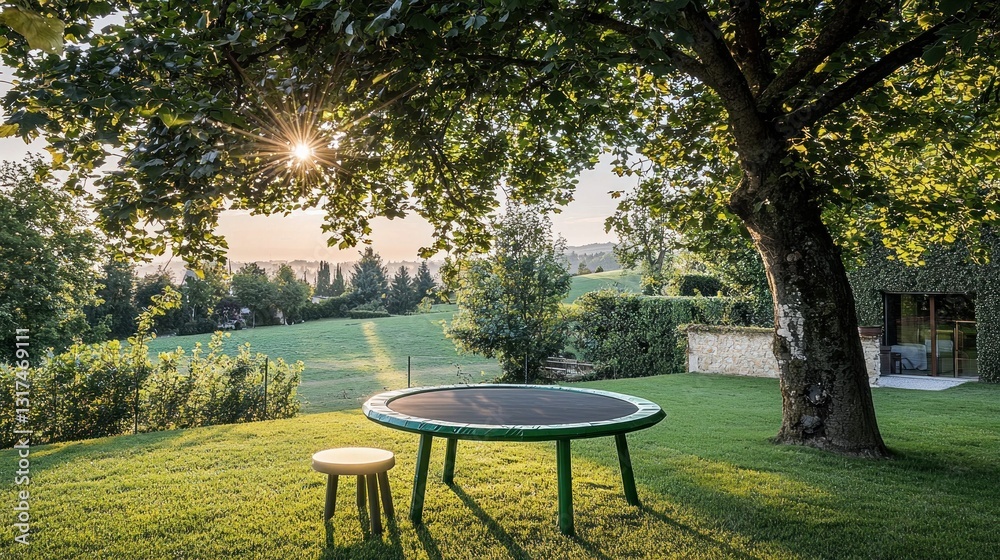 Obraz premium Outdoor scene Table under tree, sun, stool, rolling hills, building, greenery