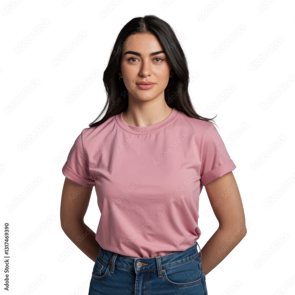 Fototapeta premium Confident woman in a soft pink t-shirt and denim jeans, perfect for a casual day isolated on transparent background