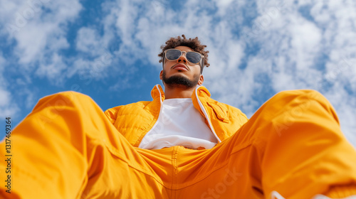 Stylish man in orange outfit under blue sky