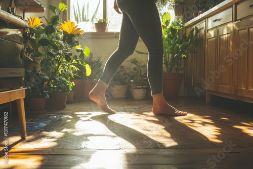 A person walks barefoot in a sunlit kitchen filled with vibrant potted plants, creating a warm and serene atmosphere.