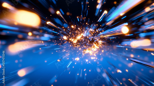 Glowing Particles in Motion with Blue and Orange Light Streaks