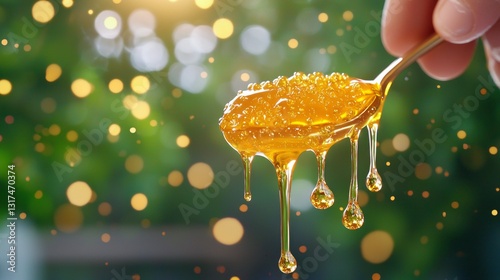 Golden Honey Dripping from Spoon with Soft Bokeh Background