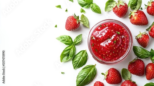 Culinary strawberry basil jam white background