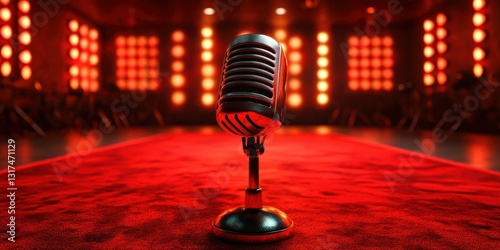 Vintage microphone stands ready on a vibrant stage illuminated by red lights for an electrifying performance night