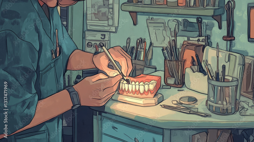 Stomatological tools treat tooth vector illustration. Oral examination. Stomatologist hands with dentists tool treats teeth. Dental care by doctors hand concept