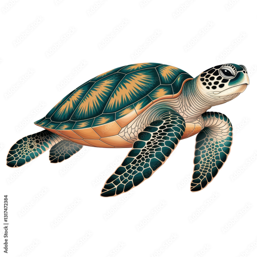 Fototapeta premium Majestic sea turtle with a patterned shell gracefully glides through the deep blue ocean isolated on transparent background