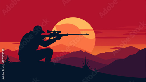 Sunset Background A dramatic sunset backdrop featuring the silhouette of the sniper taking aim highlighting the urgency of the situation with vibrant colors in the sky.