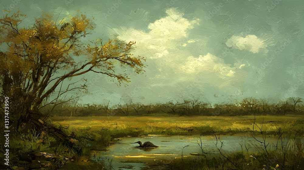 Fototapeta premium Lone bird in autumnal wetland, tranquil landscape, peaceful scene, nature background, ideal for calming visuals