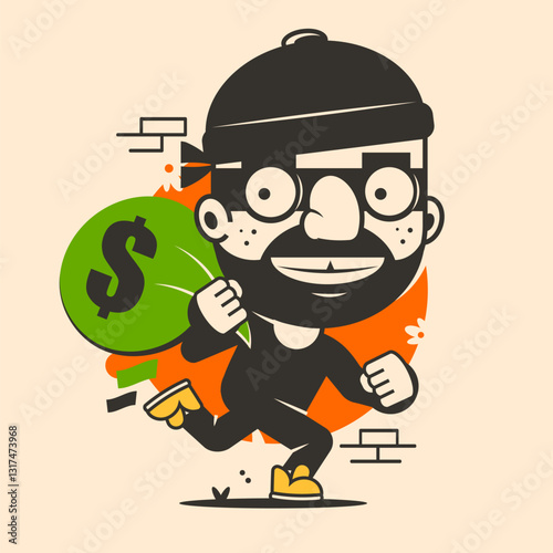Happy stickman hugs green bag of money. Cartoon thief stole cash from the bank. Vector illustration of cybercrime. Isolated hand drawn stickman background.