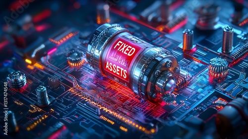 A futuristic representation of fixed assets integrated into a digital circuit board.