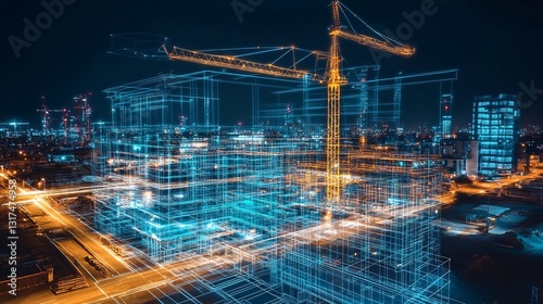Infrastructure development shown glowing blueprint overlaying futuristic construction site