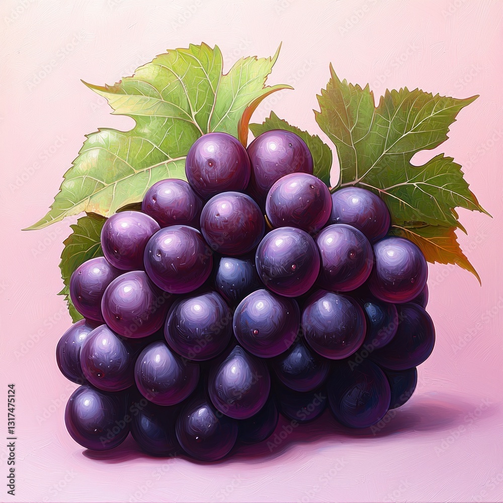 Fototapeta premium Ripe, purple grapes with green leaves, lit from above on pink background