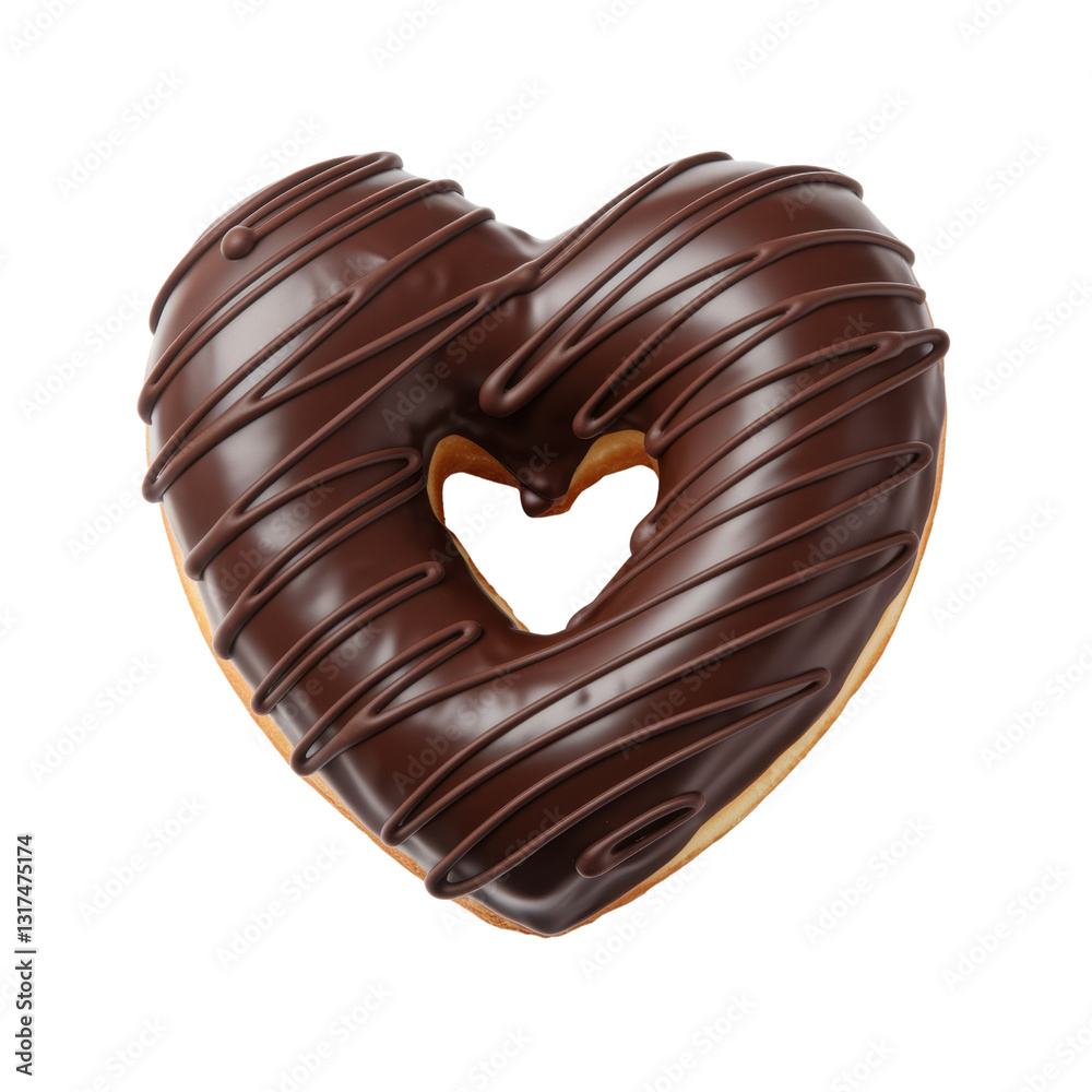 Chocolate-covered heart-shaped donut with a heart-shaped hole isolated on transparent background