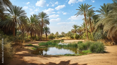 Oasis desert palm trees water tranquil landscape