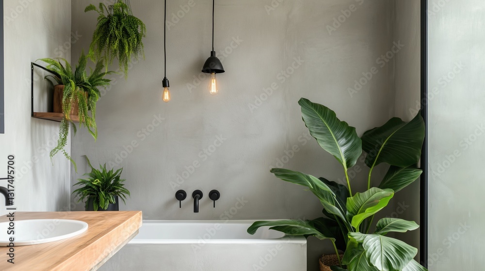 Fototapeta premium Serene Bathroom Oasis: A modern, minimalist bathroom interior featuring a bathtub, lush green plants, elegant pendant lights, and subtle grey tones, creating a tranquil and spa-like ambiance.