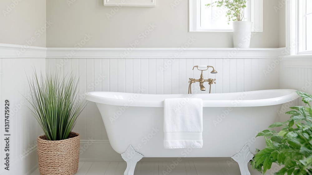 Fototapeta premium Serene Bathroom Interior: A bright and airy bathroom interior, featuring a vintage clawfoot bathtub adorned with a fresh white towel, evokes a sense of tranquility and relaxation.