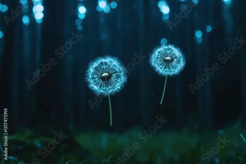 Floating Bioluminescent Dandelion Seeds Illuminated in a Mystical Dark Forest Scene