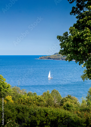 Door County bluff overlooking blue bay with white sailboat