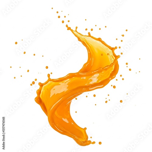 A thick splash of orange juice frozen in mid-air, swirling into a dynamic spiral. Vibrant, ultra-realistic texture with crisp details and premium lighting on a pure white background.